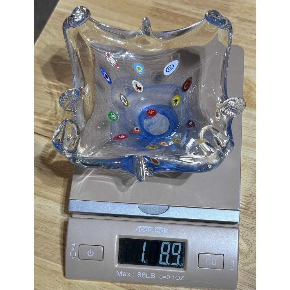 Vintage Murano Style Millefiori Art Glass Bowl Blue Hand Blown Italian 7